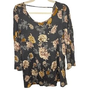 Audrey 3+1 Gray Floral Mini Dress Small Dark Boho Flowy 3/4 Sleeve